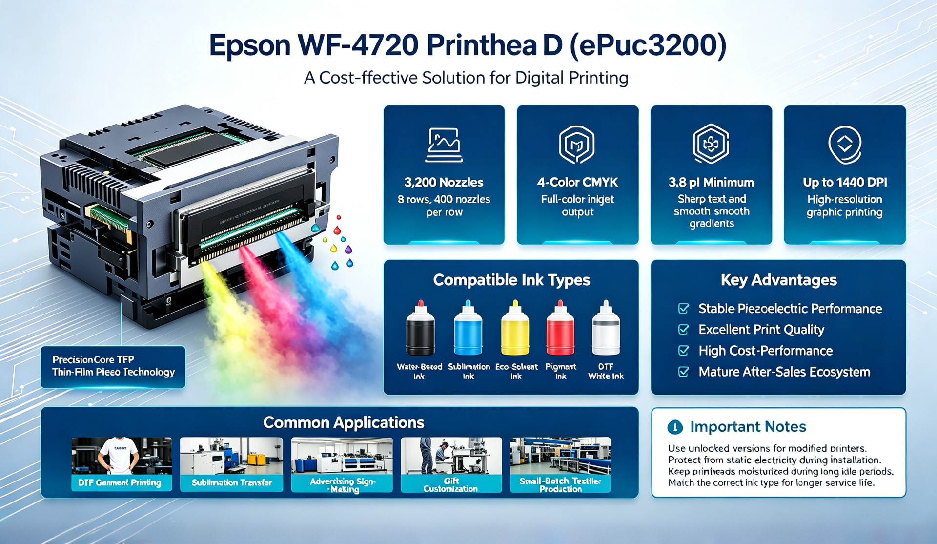সর্বশেষ কোম্পানি ব্লগ সম্পর্কে Epson WF-4720 Printhead EPS3200 | PrecisionCore TFP Print Head for DTF & Sublimation Printing